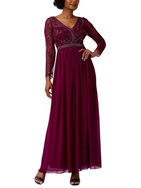 Adrianna Papell Women’s Bordeaux Beaded Bodice Long Sleeve Gown Dress